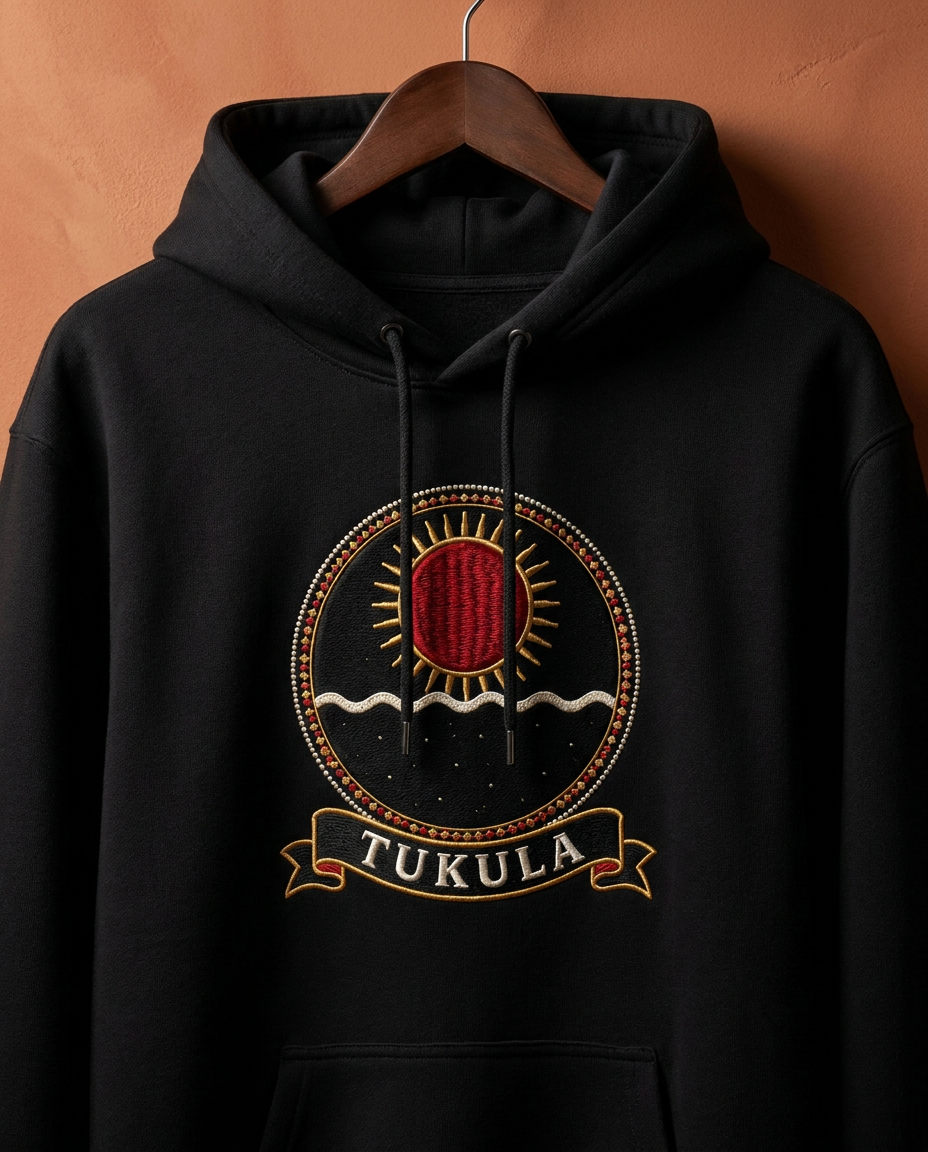 Tukula jet black hoodie on a wooden hanger against a terracotta wall, embroidery-style Kongo Dikenga medallion (large camwood-red noon sun at the zenith) printed on the chest, Bana Bilaka