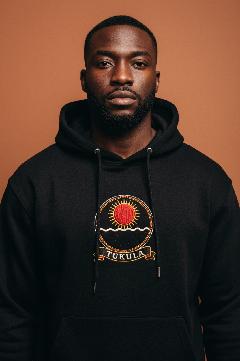 Tukula jet black hoodie worn by a model, embroidery-style Kongo emblem printed as a chest crest, Dikenga Collection by Bana Bilaka