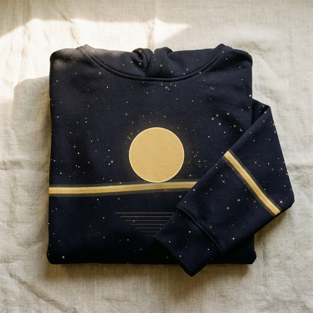 Kalunga · Night Skies all over hoodie folded on natural linen, warm gold sun on the horizon line with a fragmented reflection beneath