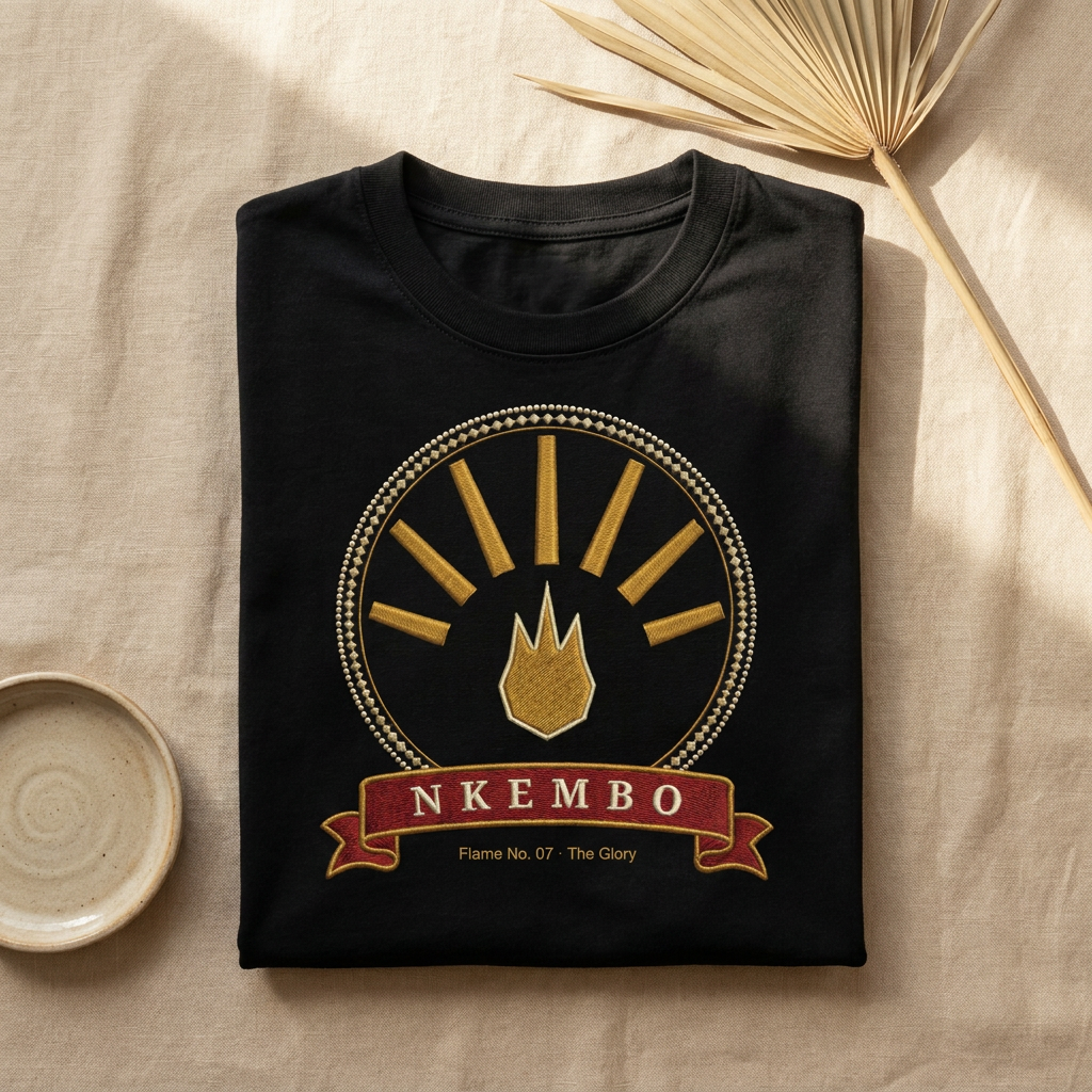 Black Nkembo tee folded flat on natural linen, gold glory medallion, The Twelve Flames by Bana Bilaka