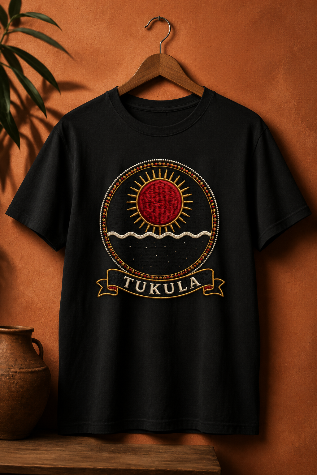 Tukula black tee on a wooden hanger against a terracotta wall, Dikenga Collection by Bana Bilaka