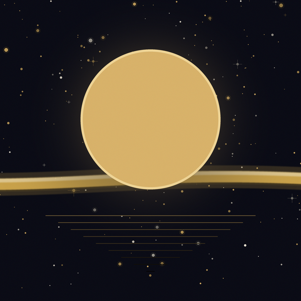 Detail of the Kalunga sky: a warm gold sun just above the gold horizon line, its light broken into fragments below like sun on water