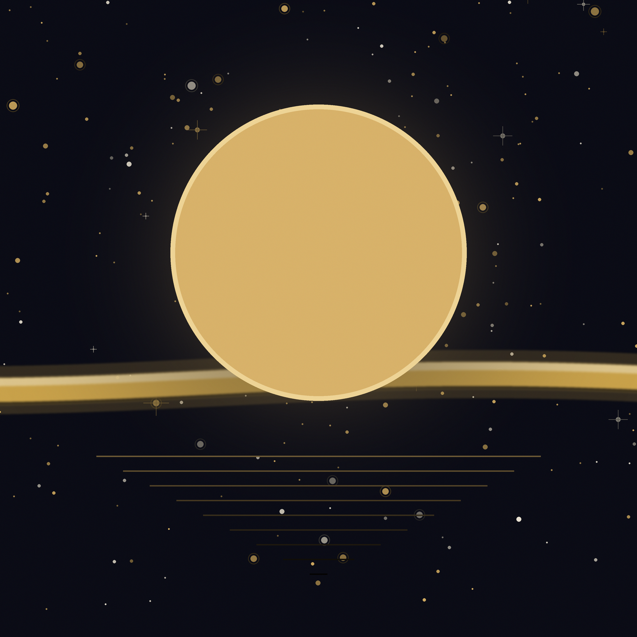 Detail of the Kalunga sky: a warm gold sun just above the gold horizon line, its light broken into fragments below like sun on water
