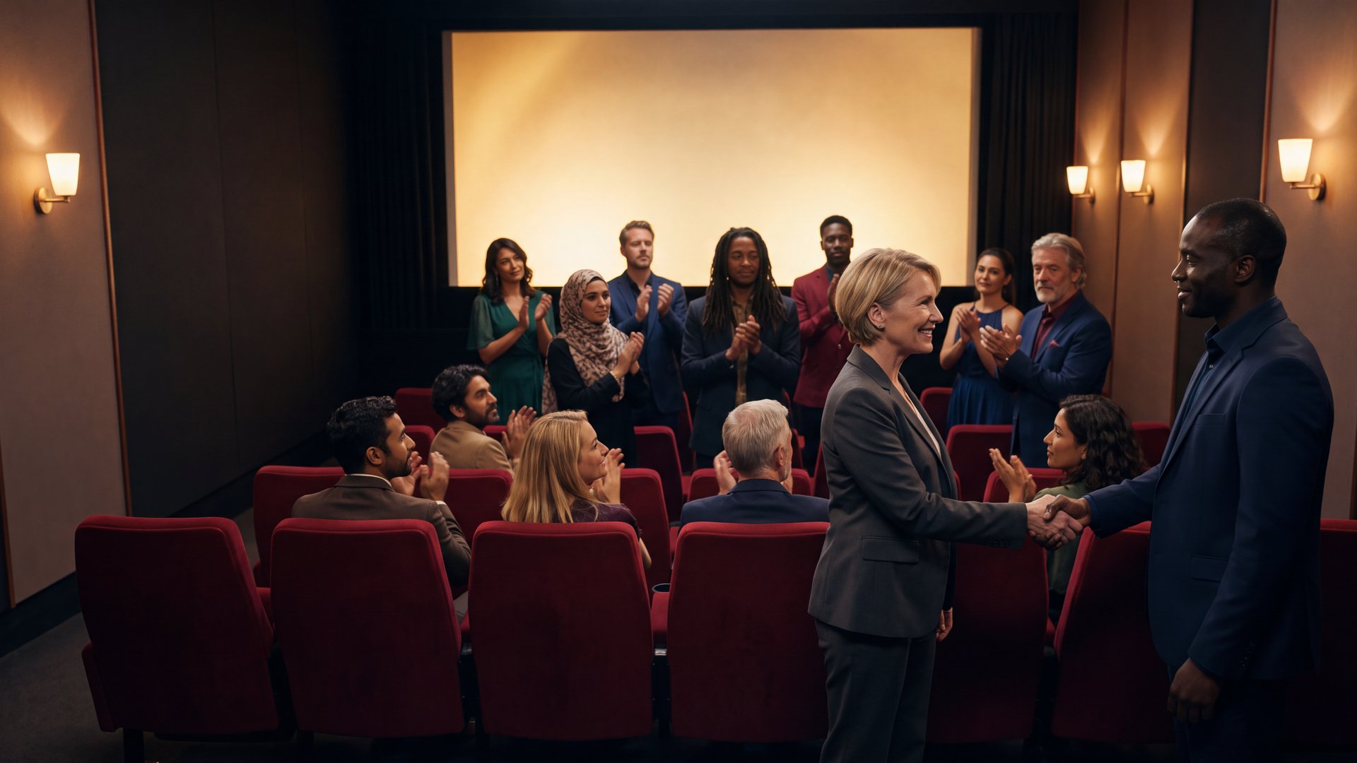 Fin d'une avant-première en salle de projection privée, le public applaudit, avant les neuf extraits