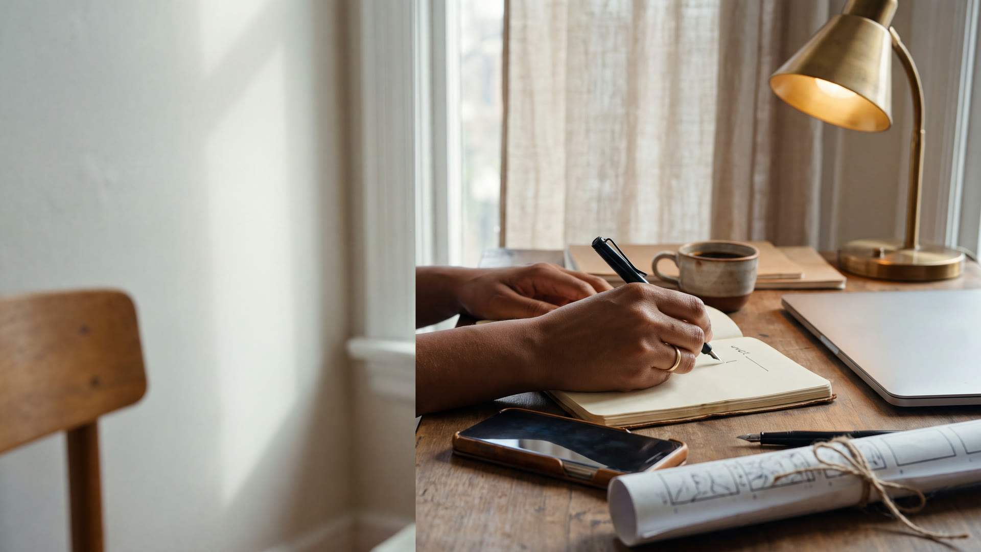 Illustration de deux mains qui écrivent un brief d'une ligne sur un carnet, téléphone et rouleau de storyboard posés sur le bureau, lumière de fenêtre