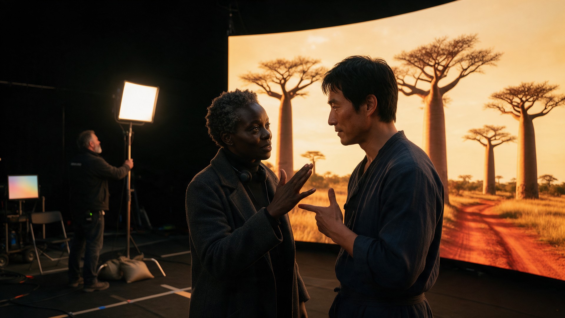 Illustration d'un plateau de tournage virtuel : une réalisatrice dirige son acteur devant un mur LED où passe une savane de baobabs au couchant