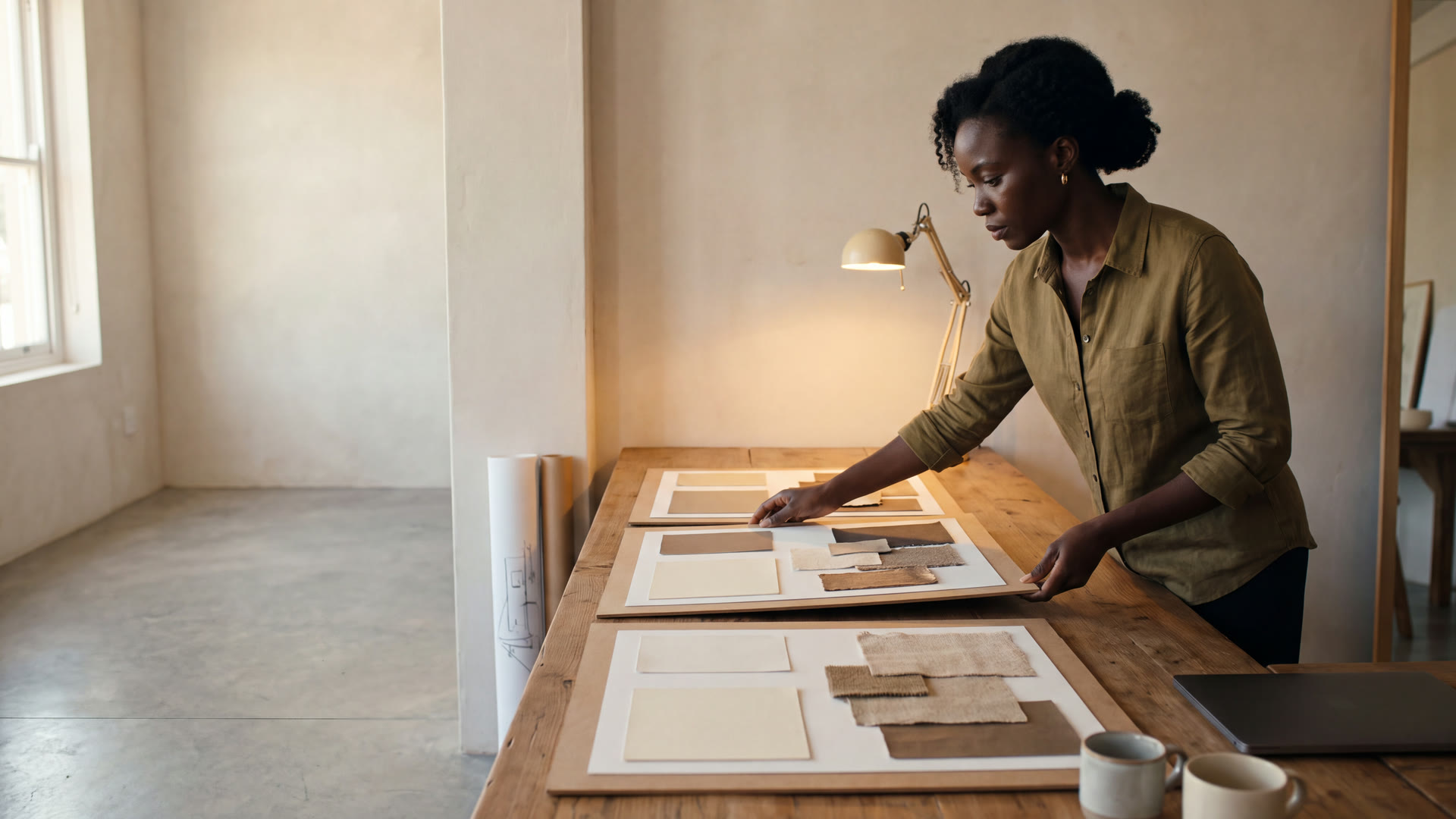 Illustration d'une directrice artistique qui compare trois planches d'ambiance posées à plat sur une grande table de bois, dans un atelier clair