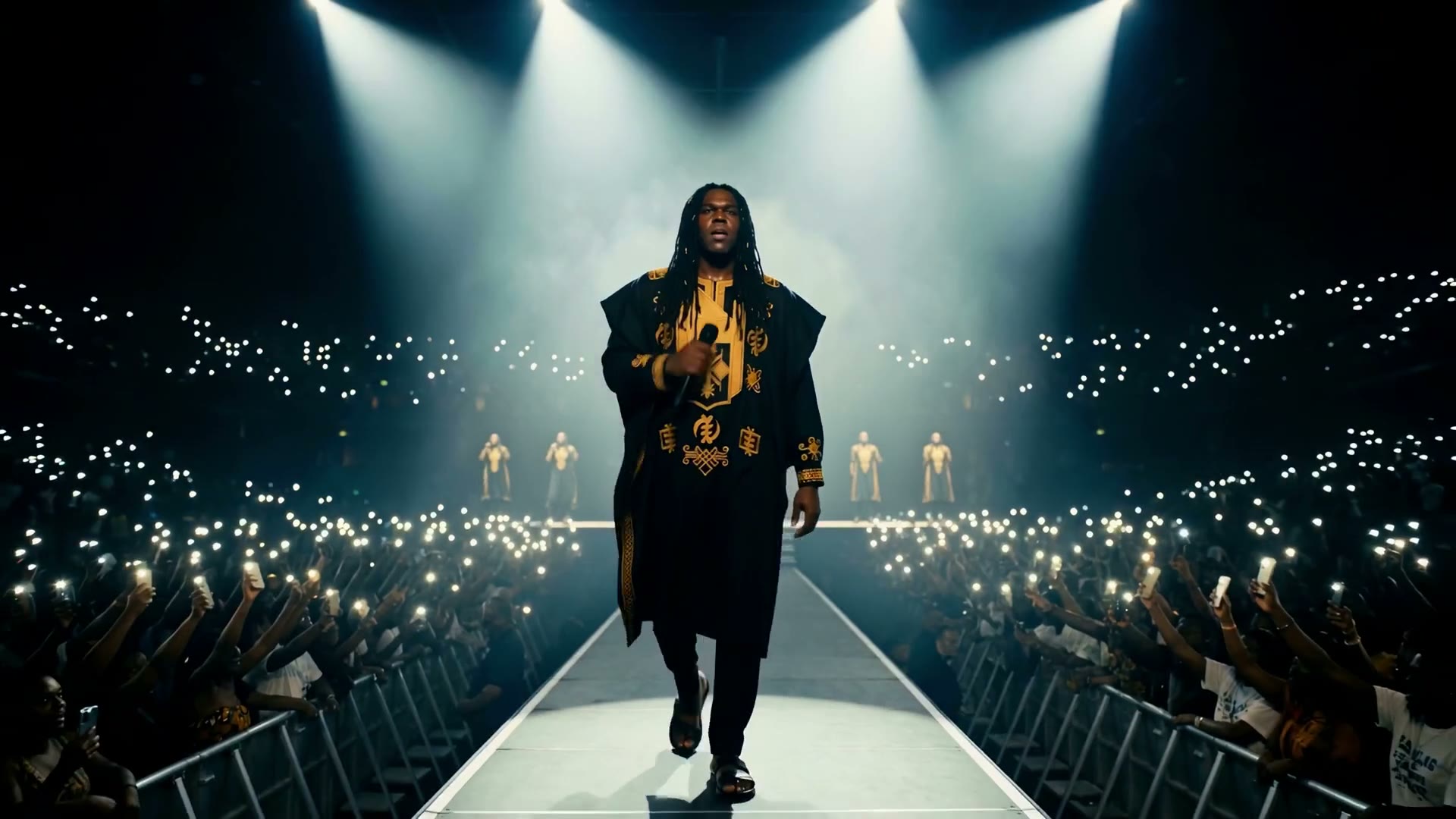 The Quiet Crown singer on the runway, facing a hall of raised phones