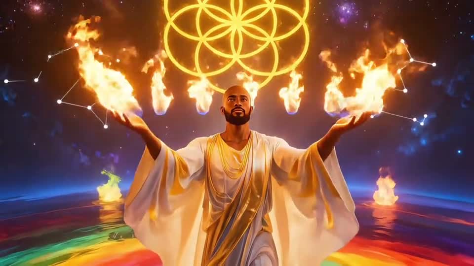 A man in white robes raises twelve flames above his hands, Mpemba ya Luvila