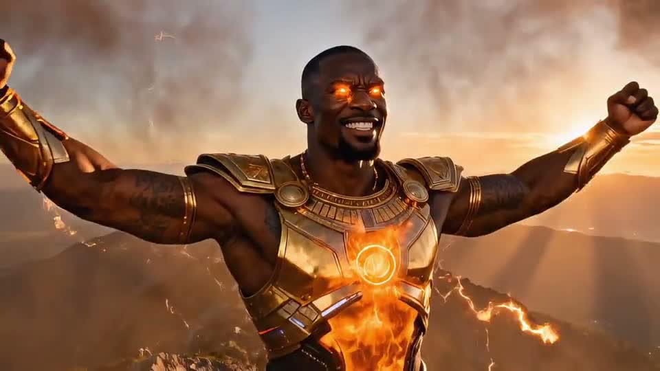 Warrior in golden armour, arms open in the flames, Mpemba ya Luvila