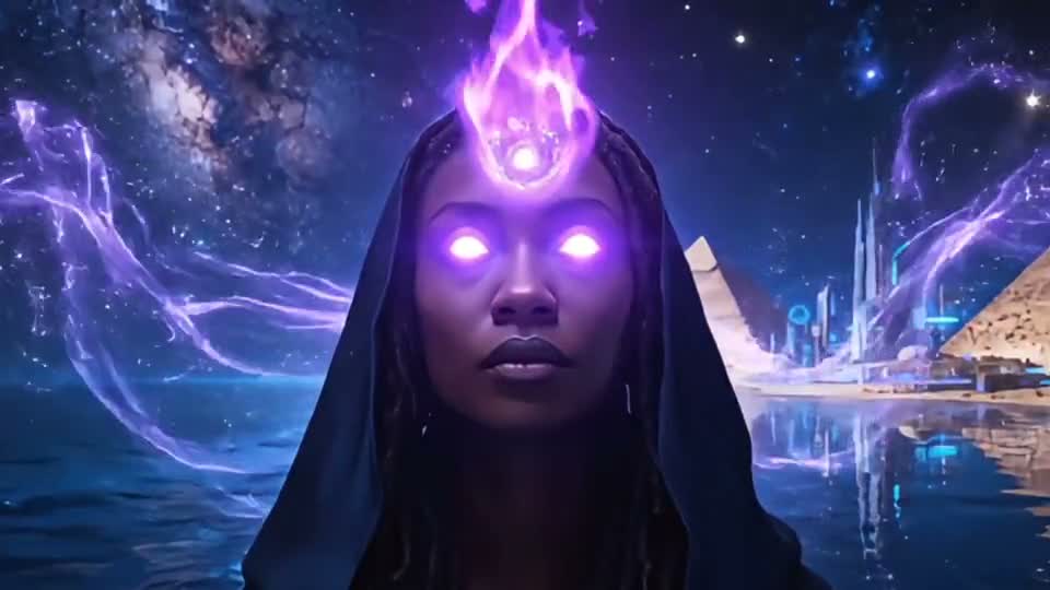 Priestess with violet eyes under a flame, in front of a city at night, Mpemba ya Luvila