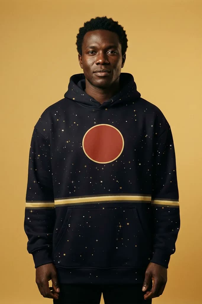 The black Tukula tee, red and gold Dikenga sun over the heart