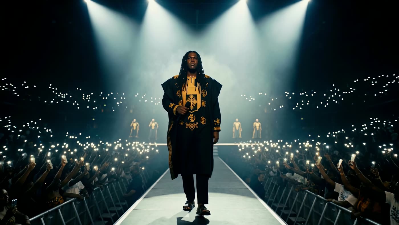 The Quiet Crown singer in a cape on the runway, under white beams