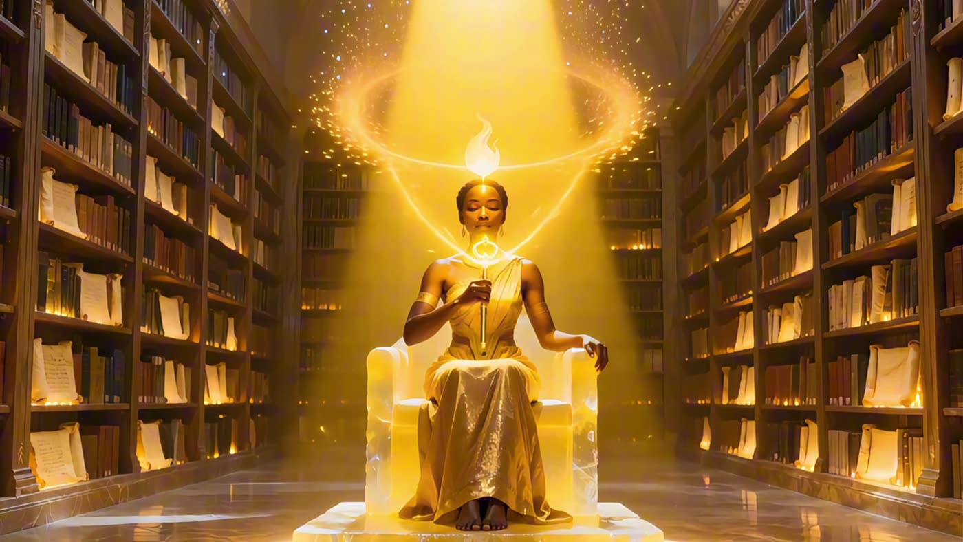 A golden library crossed by a shaft of light, from Mpemba ya Luvila
