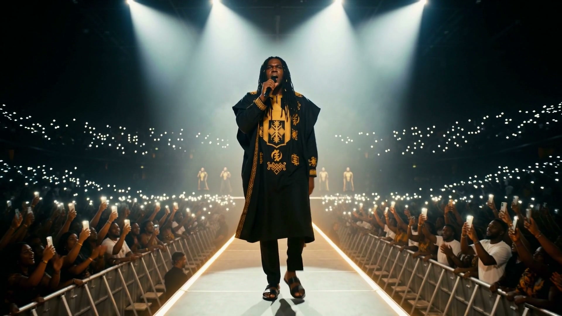 Le chanteur avance sur le podium en chantant, micro en main, vingt mille téléphones levés, Quiet Crown