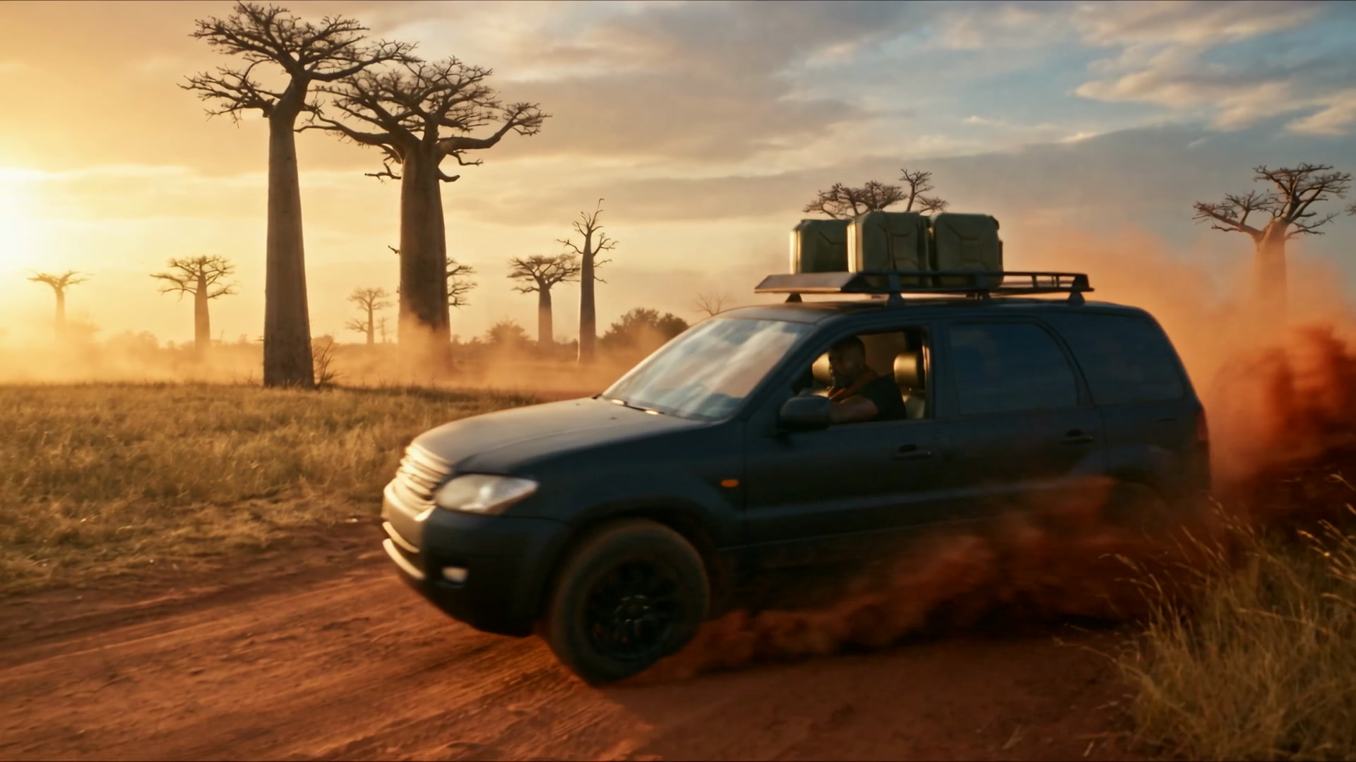 Un 4x4 lancé sur une piste de latérite entre les baobabs, dans la lumière dorée du soir, un panache de poussière derrière lui