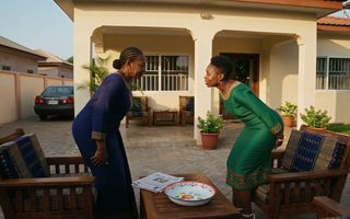 Deux femmes se saluent sur le porche d'une maison, Koffi, les chaînes invisibles