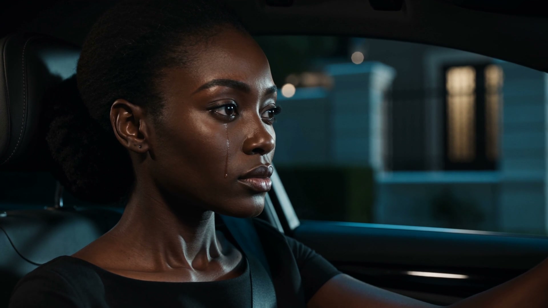 Zoya au volant la nuit, une larme sur la joue, immeubles éclairés derrière la vitre, Zoya