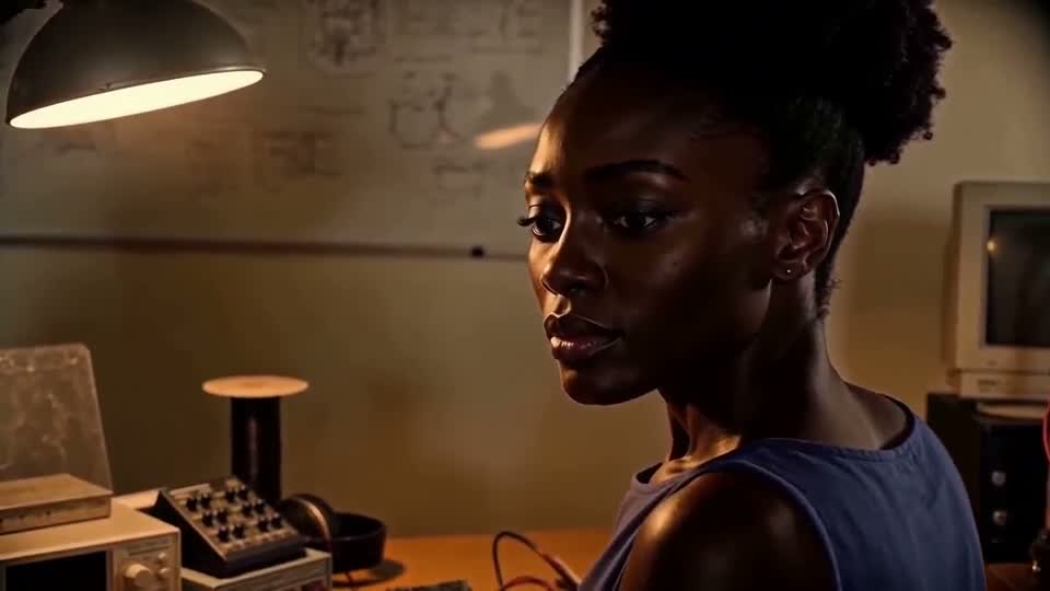 Close profile shot in a workshop, technical diagrams in the background, Zoya